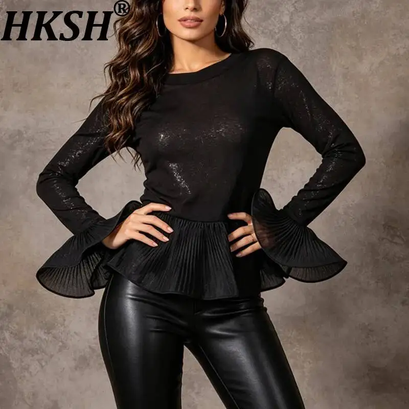 HKSH Women T-shirt Niche Design Sheer Elegant O-Neck Heavy Ruffle Patchwork Long Flare Sleeve Dark Style High Street Top HK24865