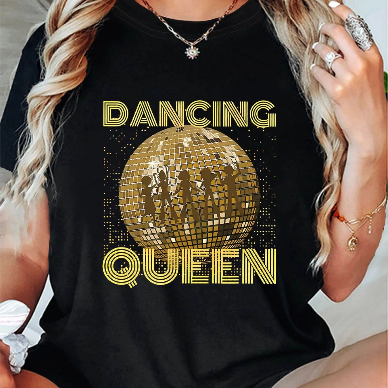 

Женская черная танцовщица, королева, ретро-дискотека, футболка с короткими рукавами и круглым вырезом, топ на весну и лето