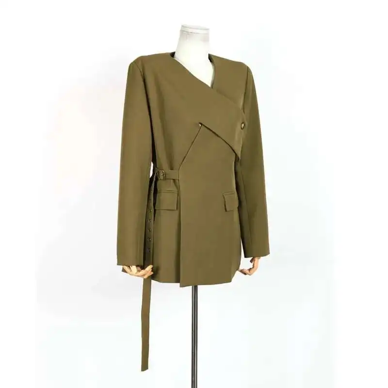 DFDG 2025 ผู้หญิงสีทึบBlazerการออกแบบข้ามไม่สม่ําเสมอและแฟชั่นLace-Up Cinched-เอวเสื้อใหม่