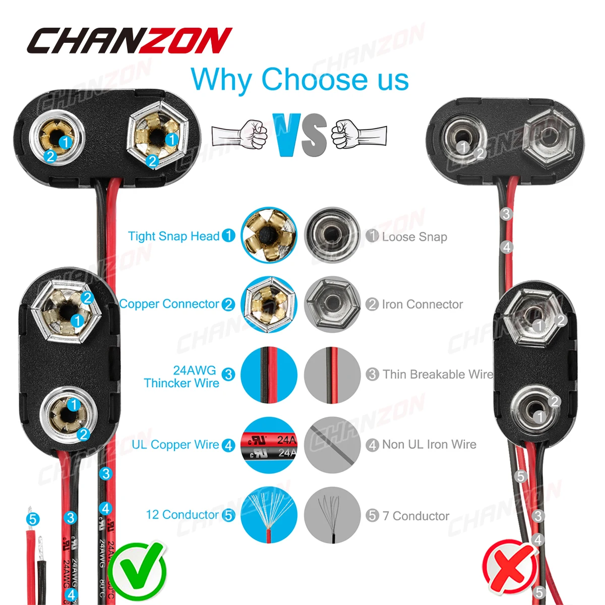 9V Battery Connector Snap Clip Power Adapter T-type I-type Dual Wire Holder Cable 9Volt 15cm Lead Socket Plug Buckle Connection