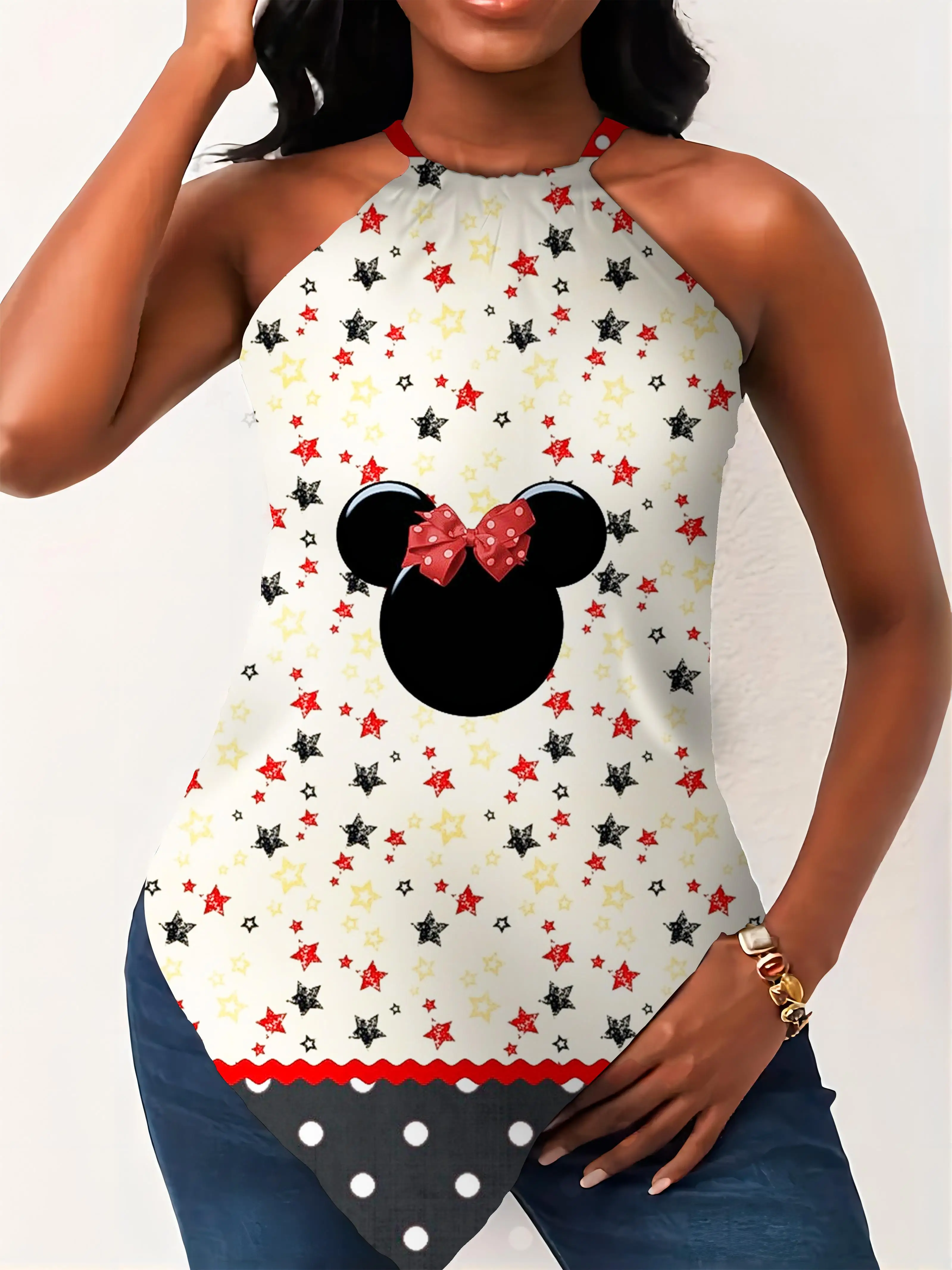 T-shirts Woman Summer 2024 Mickey Women's T-shirt Disney Y2k Halter Crew Neck Minnie Mouse Hanky Hem Top Sumer Clothes Top Neck