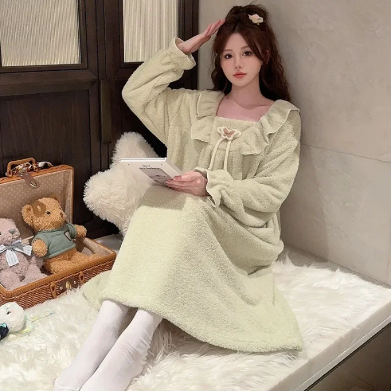 5XL Plus Size Women Winter Coral Velvet Sleep Dress Korean Sweet Fleece-lined Thickened Long Sleeve Flannel Nightgown Sleepshirt