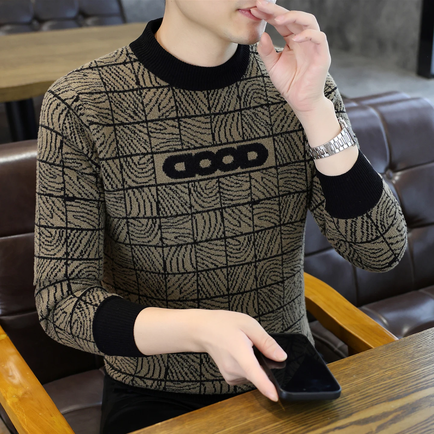 

Мужской вязаный свитер с круглым вырезом, длинными рукавами, облегающий, теплый, базовый слой, повседневный, удобный, из смеси полиэстера и нейлона