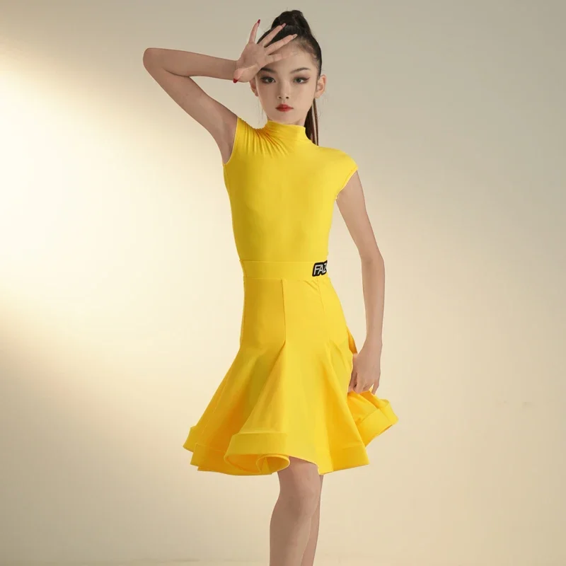 فستان رقص لاتيني صيفي للأطفال للفتيات حقيبة قياسية احترافية كتف بدون أكمام تنورة رقص عالية الجودة #6