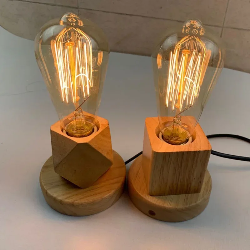 Retro Wood Lamp Holder Vintage Desk Lamp Bases EU Plug Bedside Lamp Home Decoration Lighting Accessories