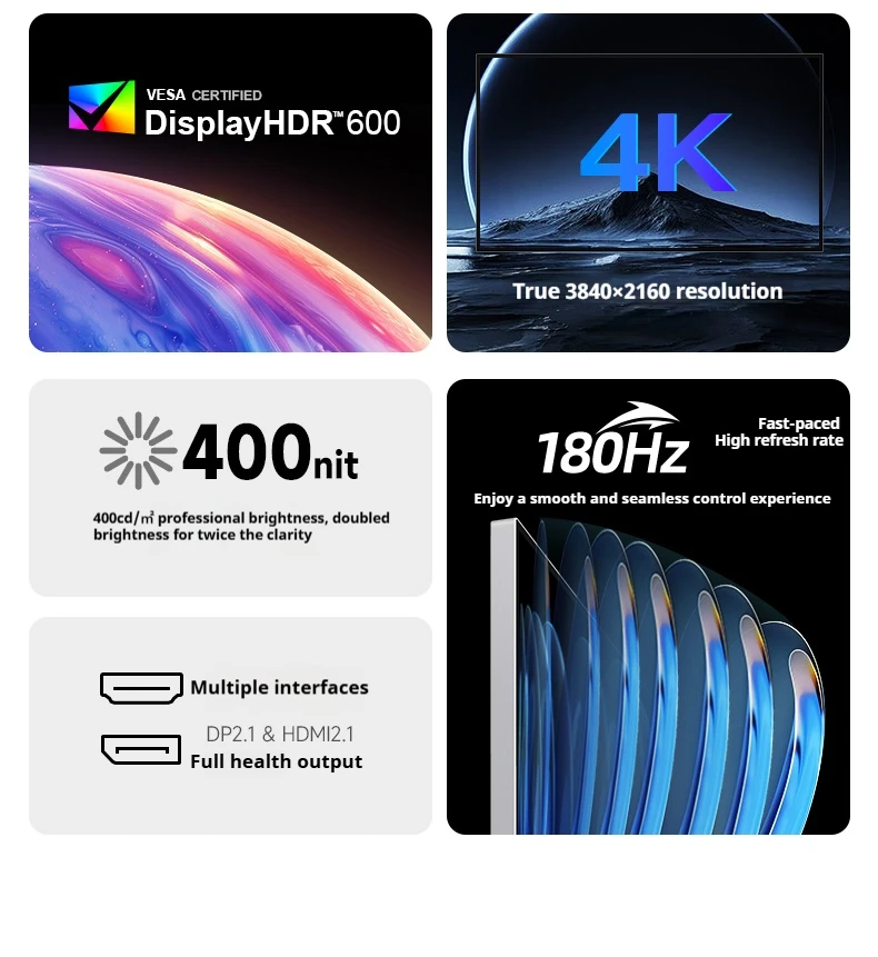 Двухрежимный 27-дюймовый игровой монитор 4K, 180 Гц и FHD, 360 Гц, 1 мс, быстрый переключаемый IPS для игр/дизайн DP 2.1 HDMI 2.1 с корпусом из сплава
