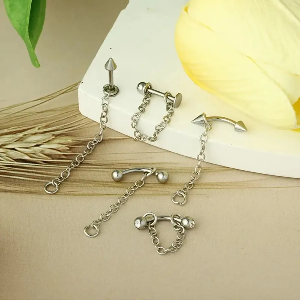 Y2K 1 Uds. Anillos de labio de acero inoxidable Punk estilo remache tachuelas de labio de circonia sintética con cadenas extraíbles joyería para Piercing Facial