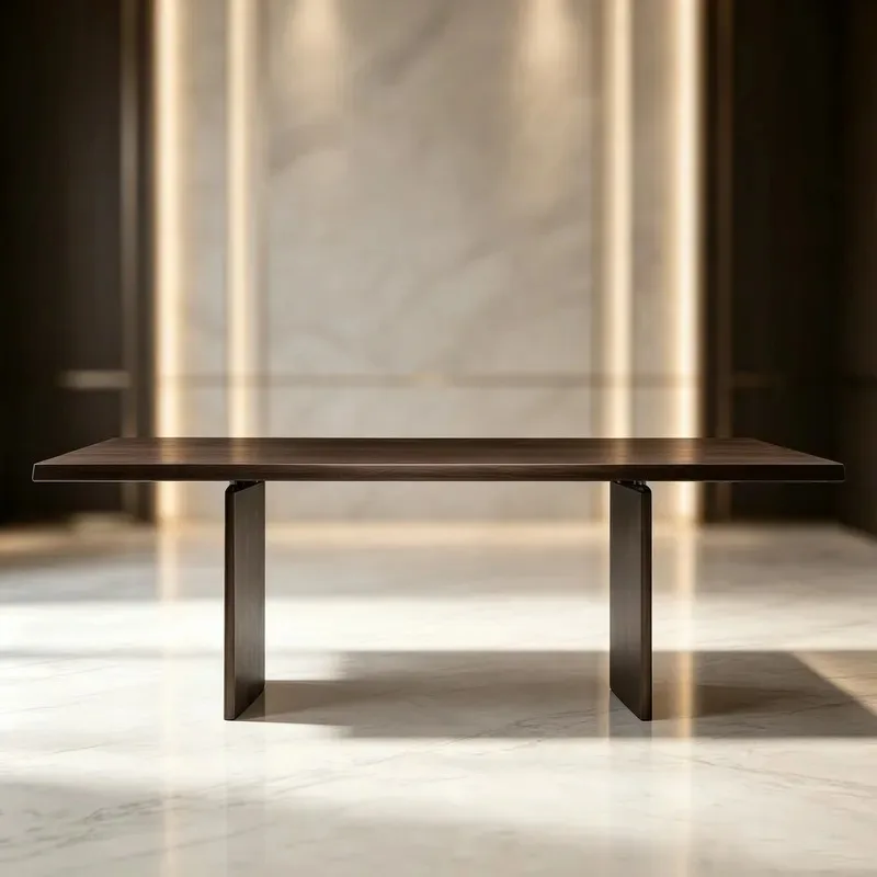 Modern Luxury Walnut Veneer Panel Dining Table Double Curved Brushed Bronze Metal Plate Legs Large Load-bearing
