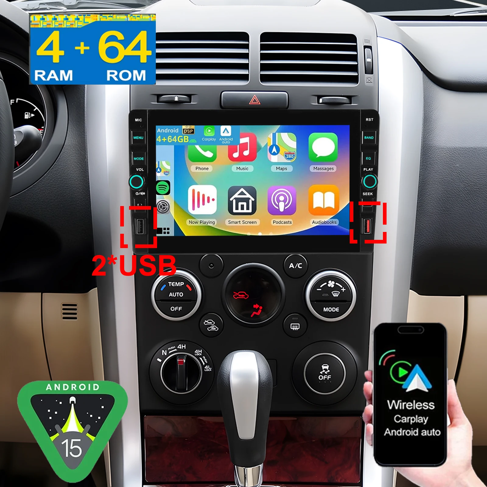 Essgoo 8 Zoll Android 15 4GB+64GB Autoradio Carplay für Suzuki Grand Vitara 2005 2012 2013 2014 2015 Multimedia Video WiFi GPS Navigation