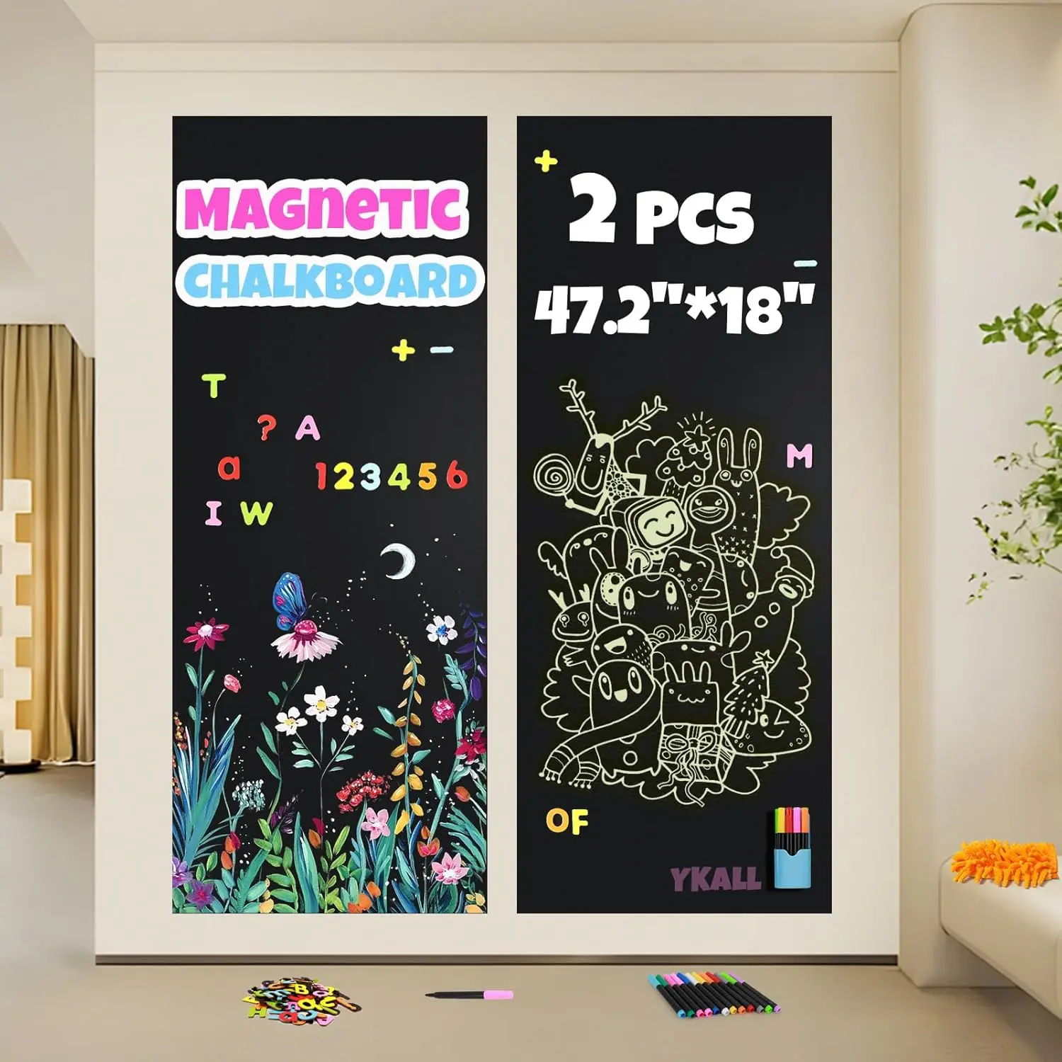 

Магнитная меловая доска-пленка, 47,2 x 18 дюймов, 2 шт., самоклеящиеся обои-доска с комплектом для детской игровой комнаты