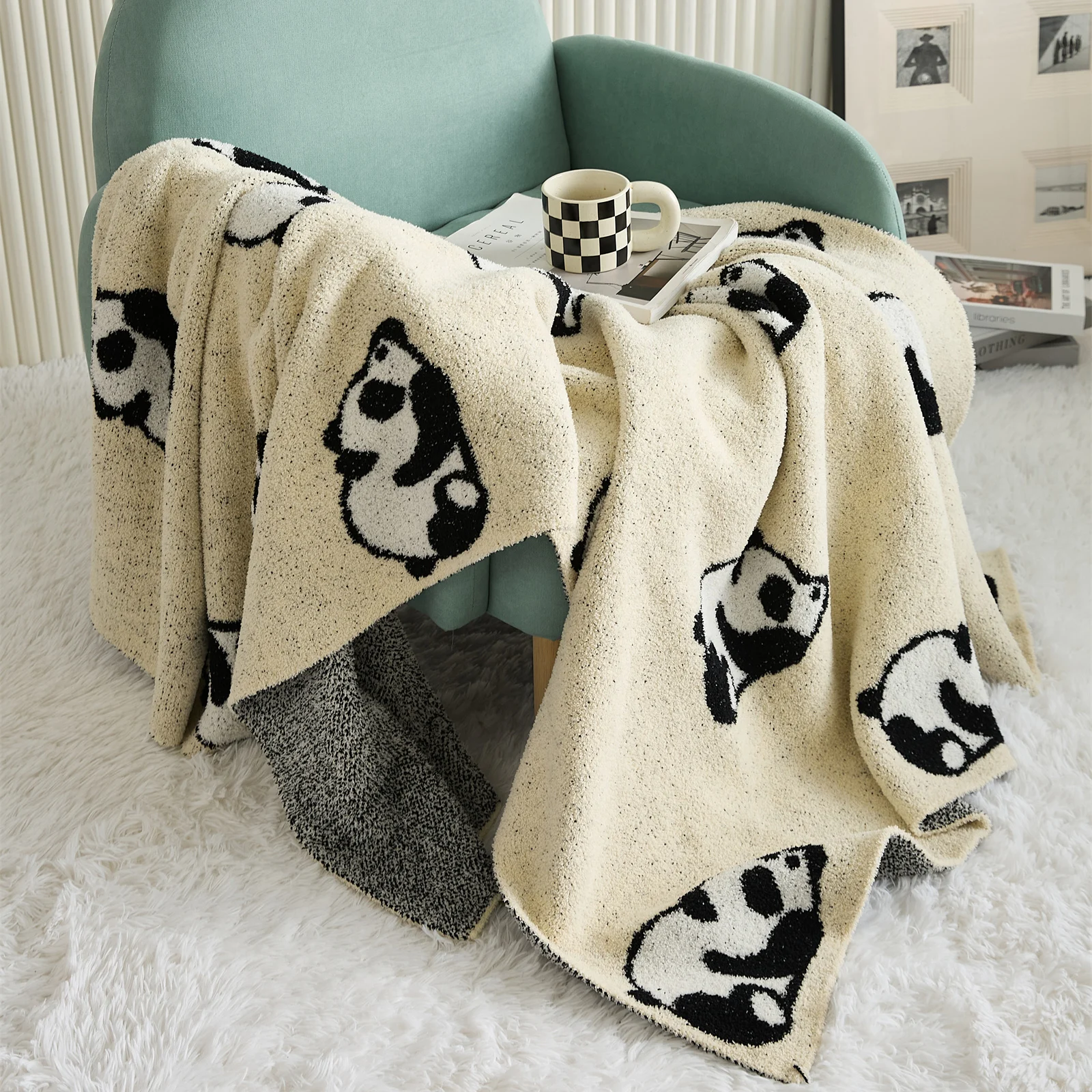 REGINA Kawaii Panda Jacquard Throw Blanket Super Soft Winter Warm Cozy Downy Fluffy Microfiber Beige Gray Sofa Knitted Blankets