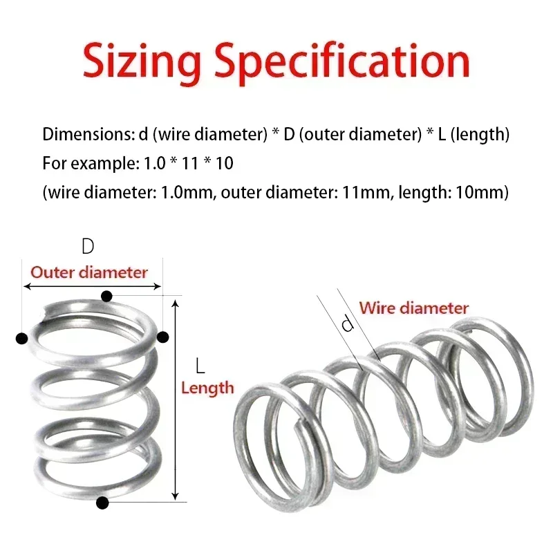 304 Stainless Steel Spiral Return Compression Spring, Wire Diameter: 1.8mm, Outer Diameter: 10-25mm, Length: 15-100mm, 10Pcs