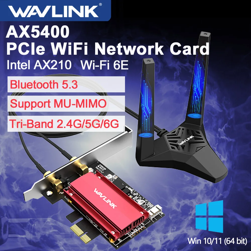 Wavlink 5374Mbps Wi-Fi 6E Intel AX210 PCIe Wireless Network Card 2.4G/5G/6Ghz 802.11AX WiFi Adapter Bluetooth 5.3 WiFi 6 Card PC