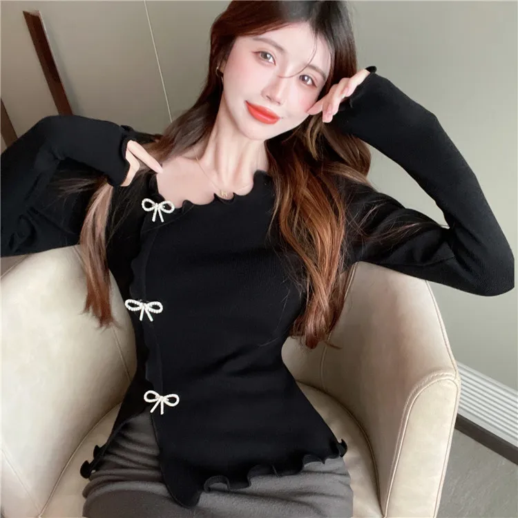 Korean Bow Tie Wood Ear Hem Bottom Knitted Shirt Women Slim Long Sleeve T-shirt Top