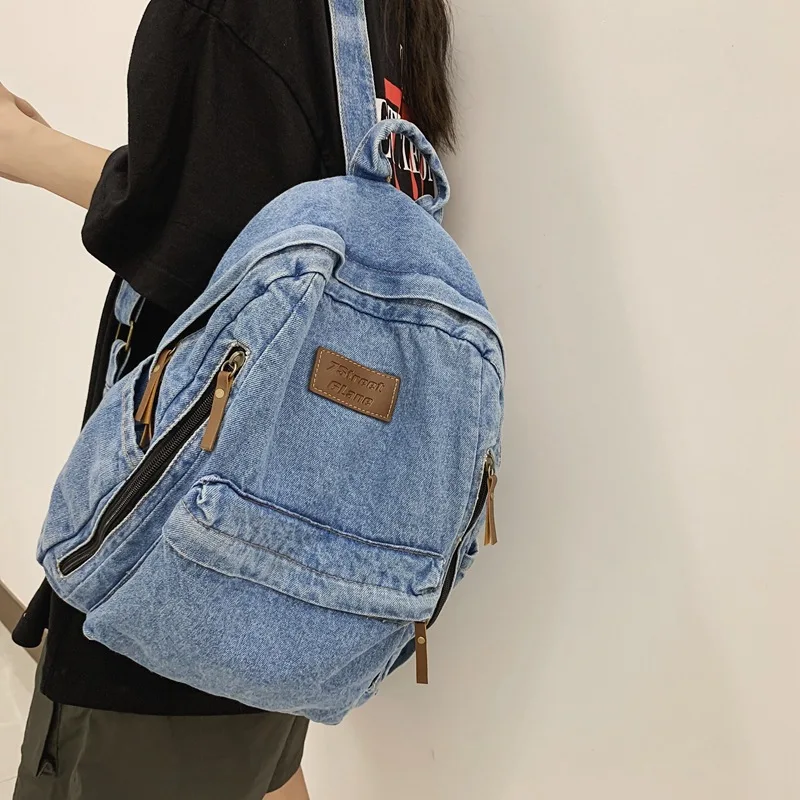 Washed Denim Fashion Backpacks For Women 2023 Latest Trend Student School Bag Multi Pockets Large Capacity Blue Rucksack Mochila