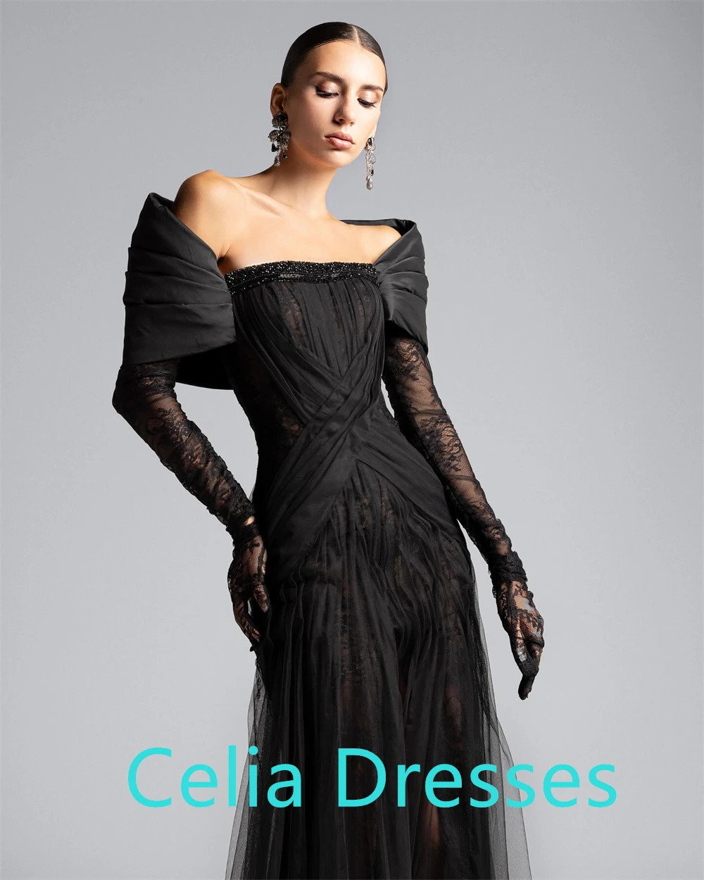 فستان سهرة حديث من التول الأسود مخصص قبالة الكتف وأكمام طويلة فستان العودة للوطن رائع مناسبة خاصة