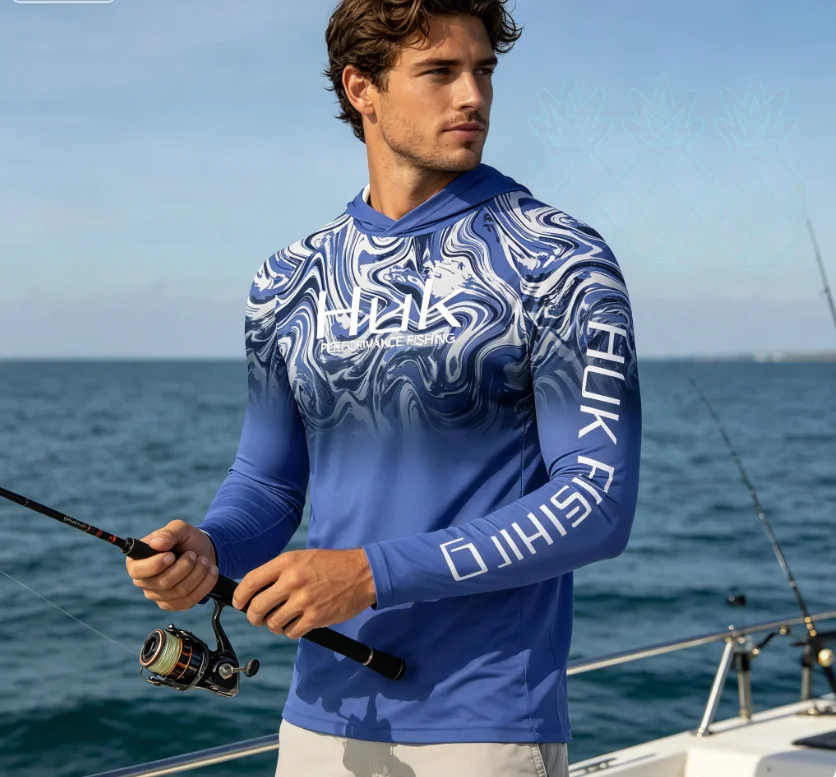 HUK-camisas de pesca de manga larga para hombre, ropa UV para exteriores, camisa con capucha, protector solar, transpirable, antimosquitos, Jersey fino para pesca