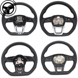 Leather Perforated Steering Wheel For Audi A4 B8 A4 B9 Q3 F3 Q5 FY White Stitching No LOGO Flat Bottomed Leather Steering Wheel