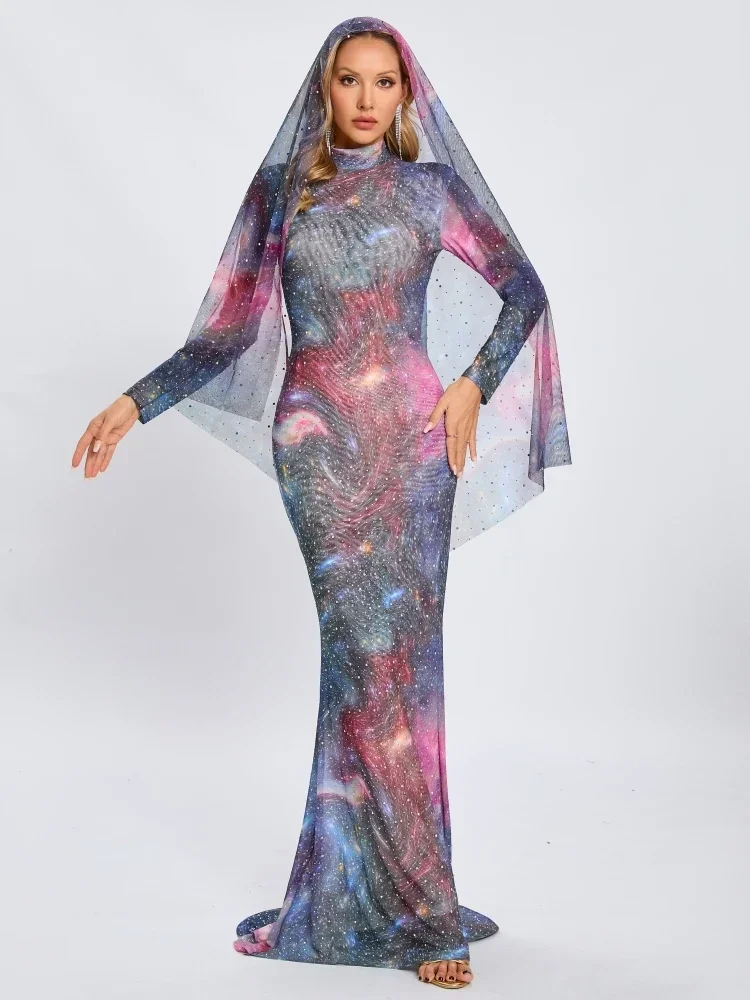 Sexy Starry Sky Sparkly Rhinestones Long Dress With Scarf Women Multi-colored Long Sleeve Diamonds Slim Dresses Evening Cocktail