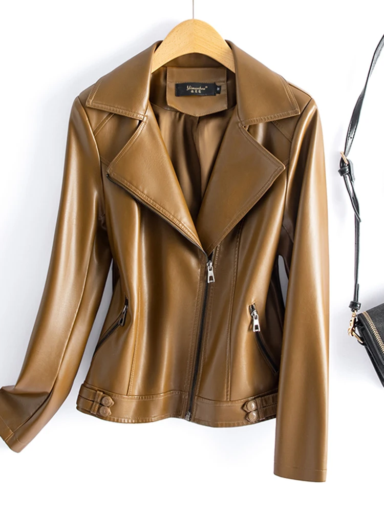 Giacca in Vera Pelle Haining da Donna, Modello Slim Fit, Taglie Grandi, in Pelle di Pecora, Nuovo Arrivo Primavera Autunno con Cerniera