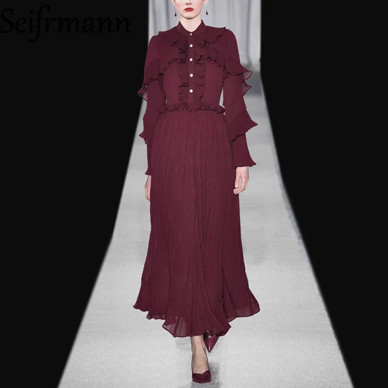 Seifrmann round neck ruffled long sleeved pleated princess style dress 2025 autumn collection