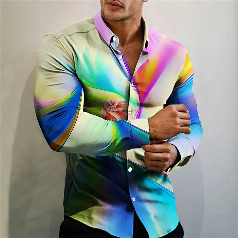 Hot Selling Men\'s Shirt Colorful Abstract Graphic Print Outdoor Street Long Sleeve Shirt Clothing Fashion Streetwear Designer So