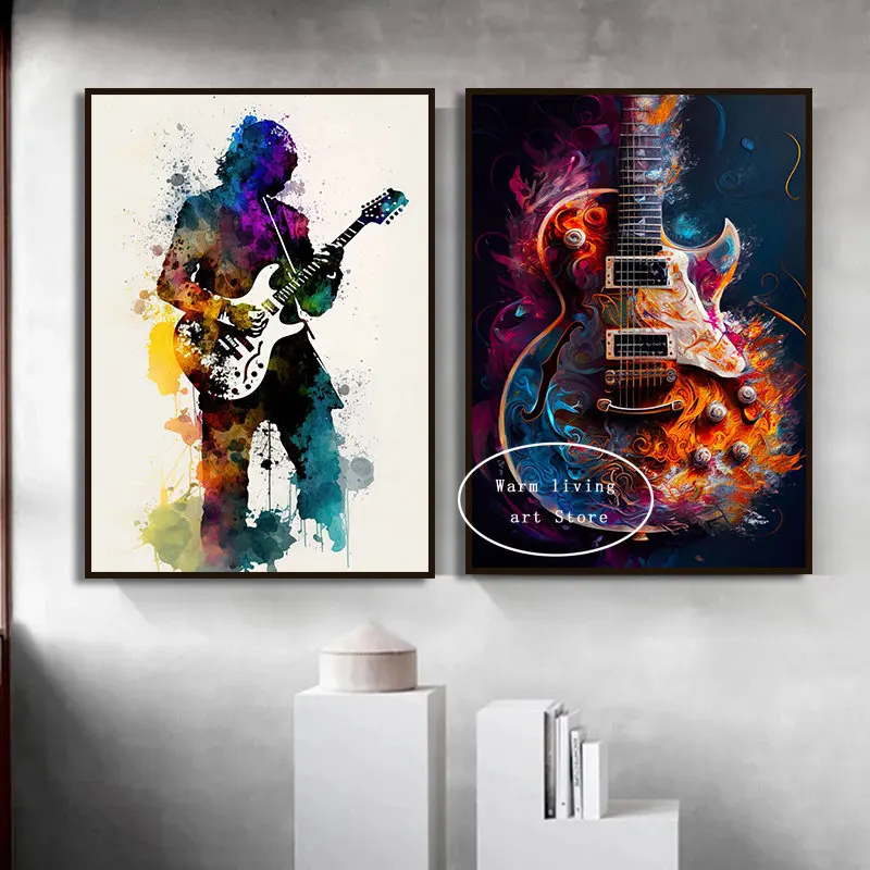 Neon Burning Electric Guitar Canvas Painting Aesthetics Modern Musical Instruments Poster Art Bedroom Picture Home Wall Decor