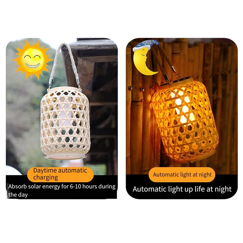 2Pcs Outdoor Solar Bamboo Lantern With Handle Hanging Light, Waterproof Solar Lantern, Natural Vine LED Decorative