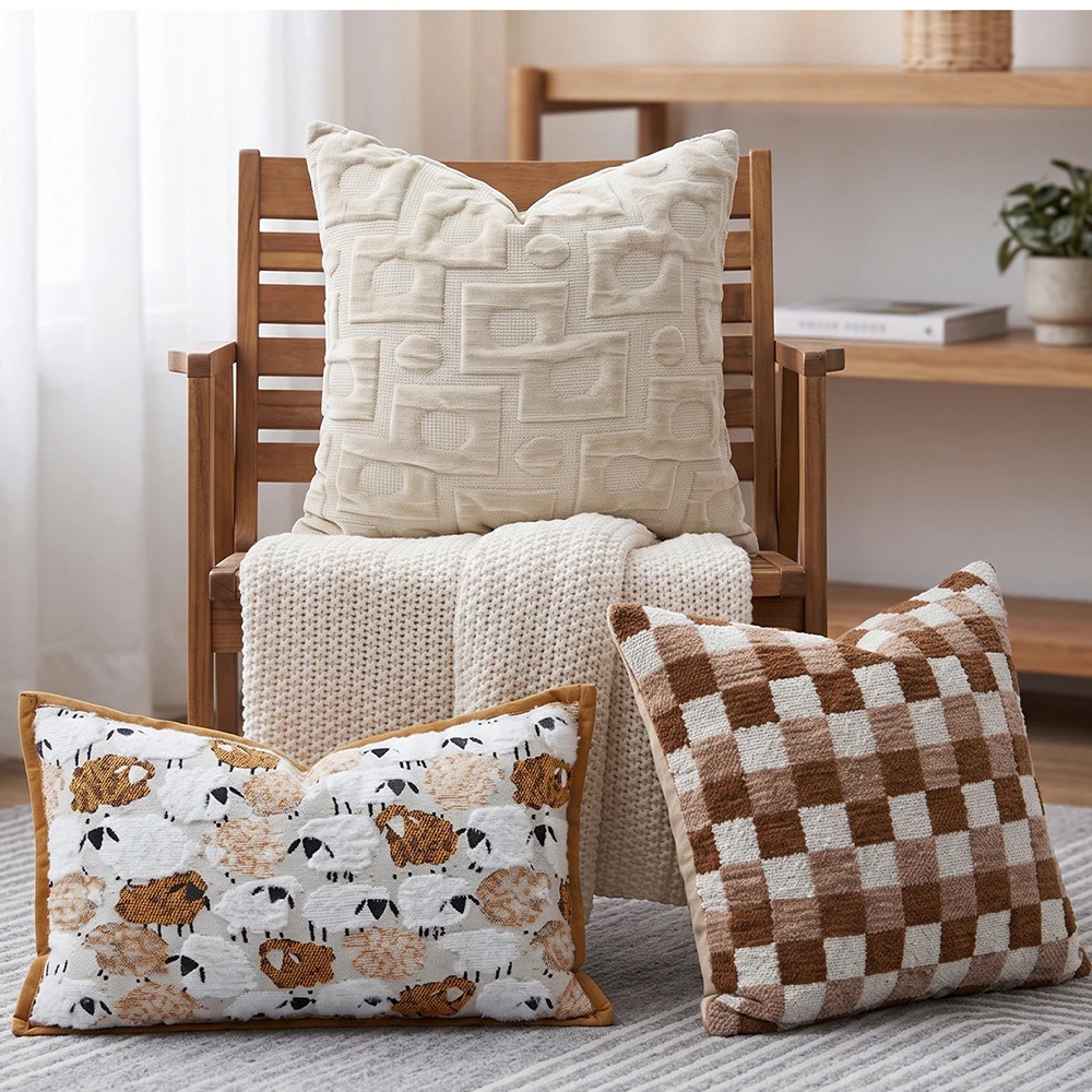 Caramel Style Sofa Throw Pillow Cover Cojines Pure Color Plaid Jacquard Decorative Bedside Cushion Covers Headboard Pillowcases