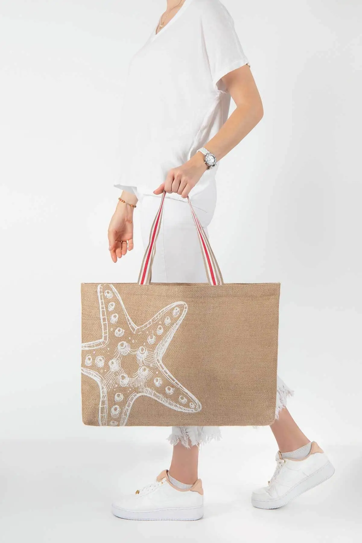 Sea Star Printed Jute Beach Bag