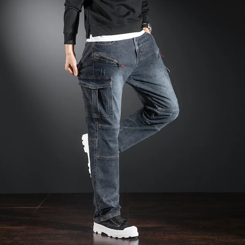 Autumn and Winter New Styles Smoke Gray Multi-pocket Cargo Jeans for Men Fit Straight Stretch Korean Fashion Denim Trousers