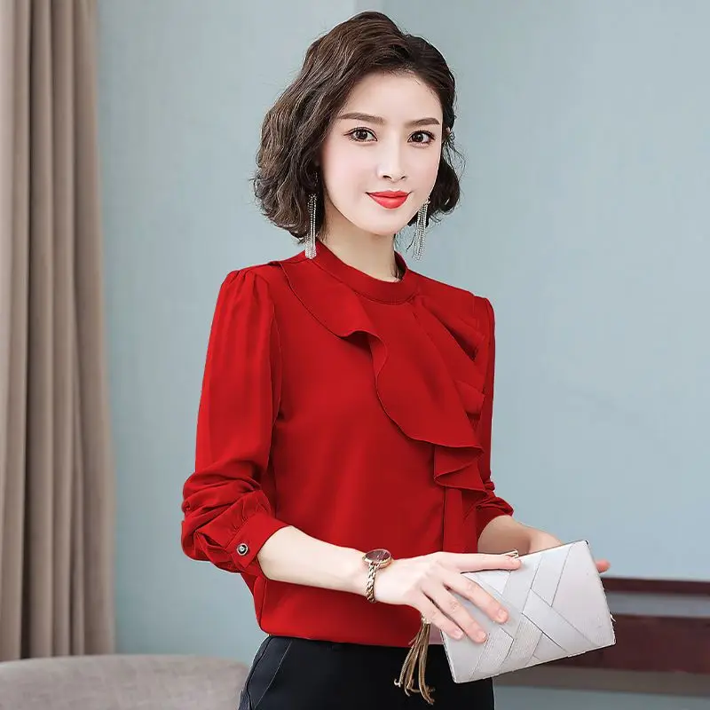 Chiffon Shirt for Women Long Sleeves 2 Young Temperament Fashionable Hong Kong Style Splicing Base Top