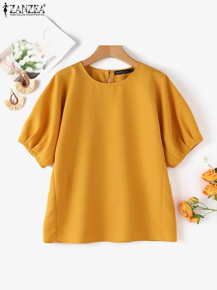 ZANZEA 2024 Summer Half Drop Shoulder Sleeve Shirt Korean Casual Women Blouse Round Neck Loose Tops Blusas Solid Simple Tunics