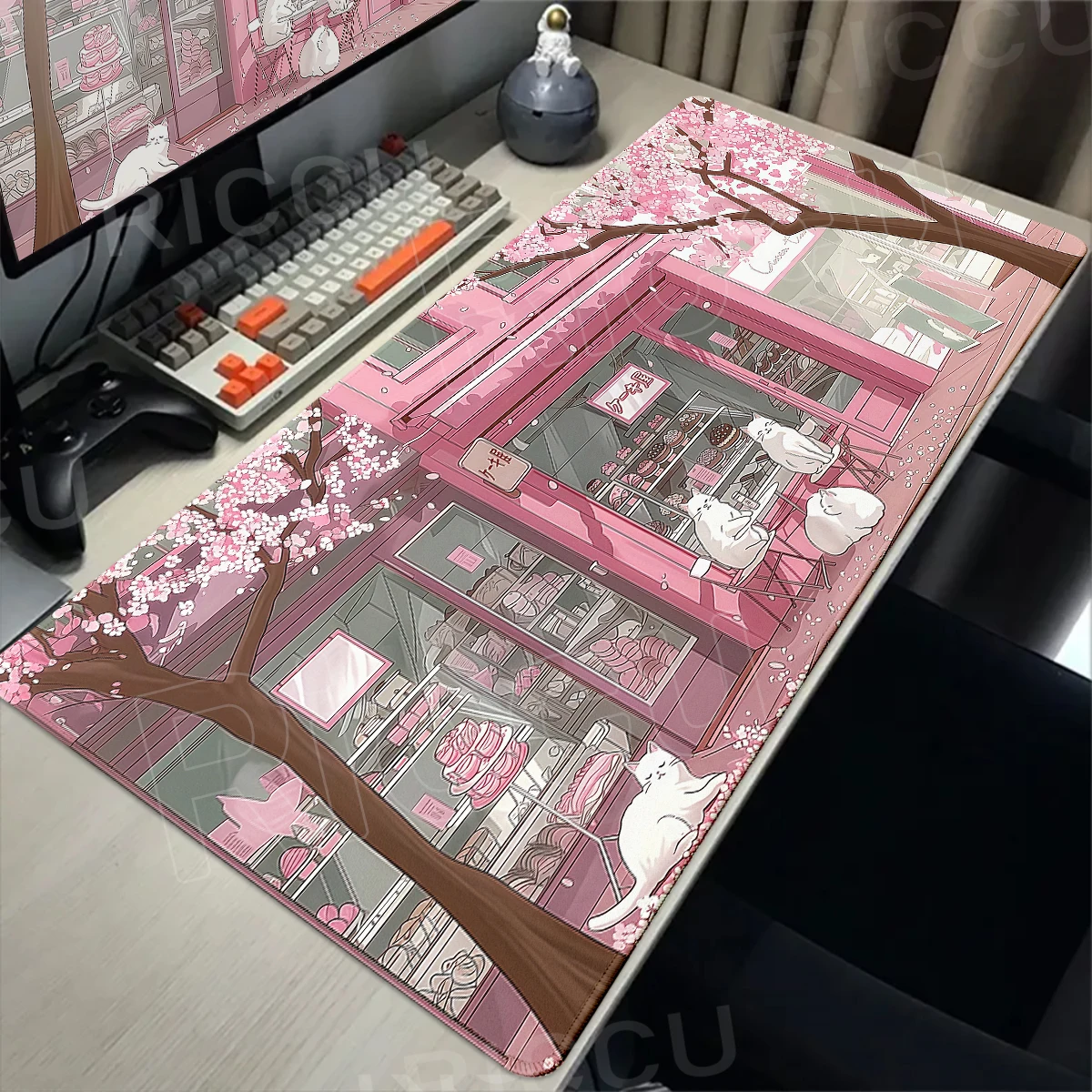 Gaming-Mauspad, Kirschblüten-Mauspad mit süßer Katze, großes rosa E-Sport-Mauspad, PC-Gehäuse-Tischmatte, Bürozubehör, XL-Schreibtischmatte