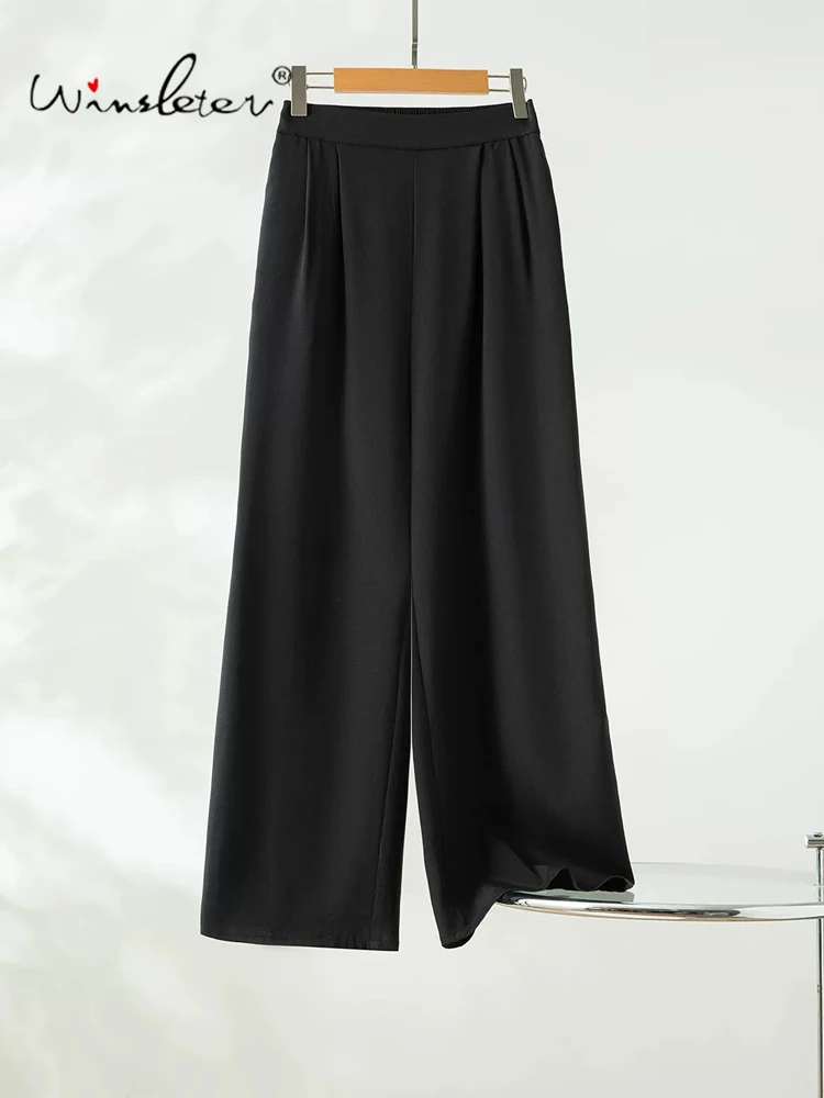 Winsleter-93%Silk 7%Spandex Elegant Trousers, Elastic Waist Solid, Women Profession Commute Straight Pants, 2026 Autumn B67866CC