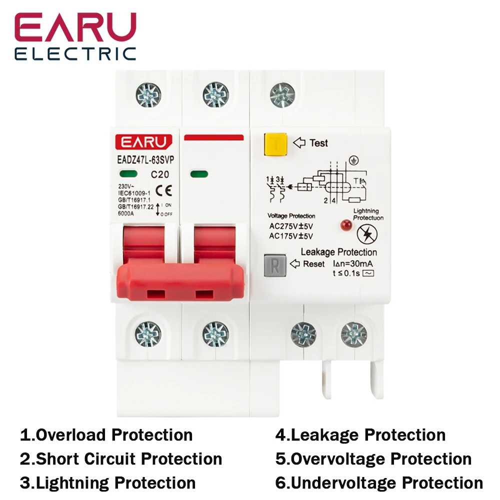 230V 2P SPD Residual Current Circuit Breaker With Overload Overvoltage RCBO RCCB With Lightning Protection MCB Leakage Protector