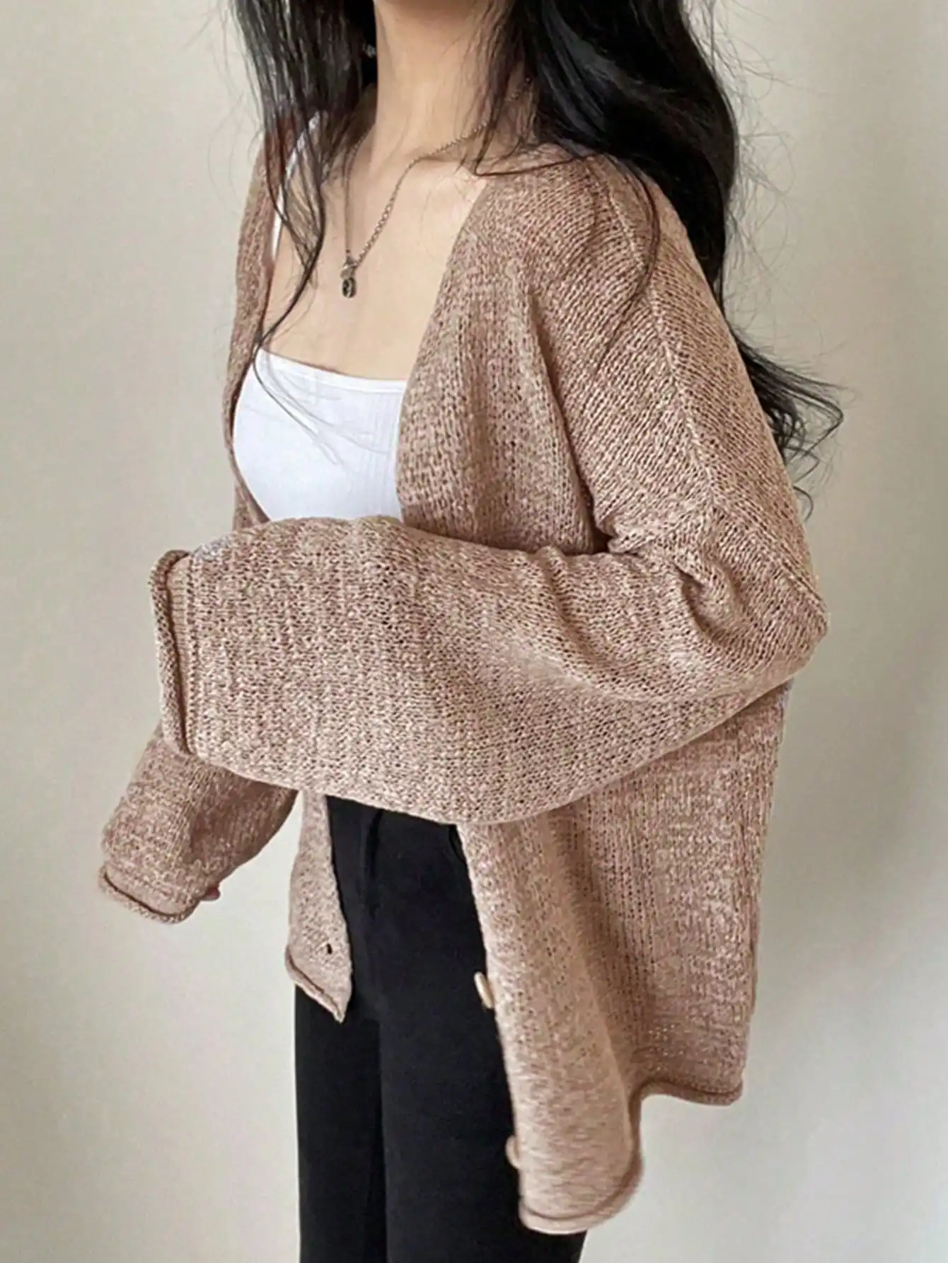 

Korean Chic2025 New Spring and Autum Lazy and Gentle Milk Coffee Slim Knitted Top Fashionable Lady
