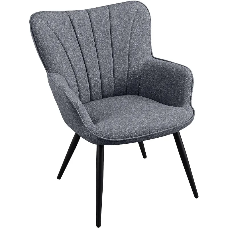 Accent Chair, Linen Fabric Vanity Chair Living Room Chair with Mental Legs and High Back for Living Room Bedroom , Grey