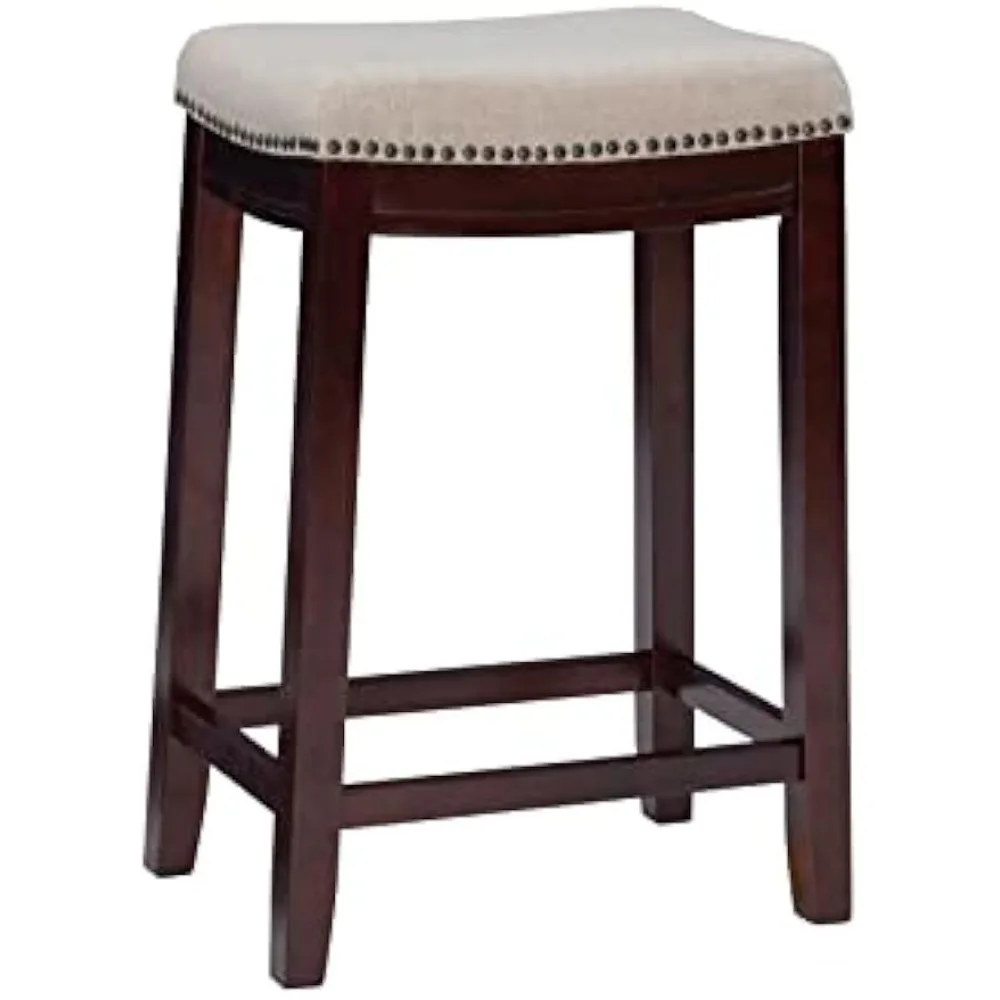 Linen Backless Claridge Stool, Counter Height, Beige & Dark Walnut