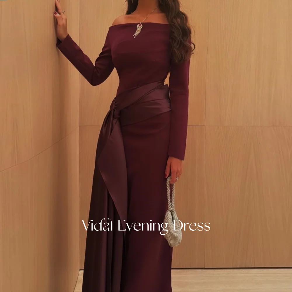 

Vindal Burgundy Elegant Prom Gown Long Sleeves Prom Dresses Satin Pleating Formal Gown for Woman Customized