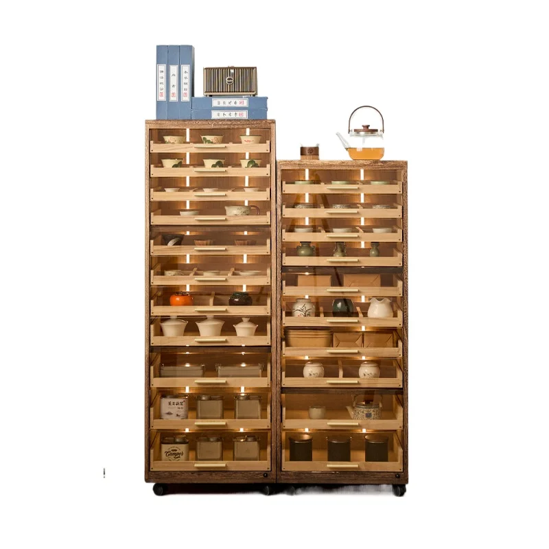 Solid wood antique rack with light, sensor light, dental cabinet, storage rack, living room sidecase, tea set cabinet