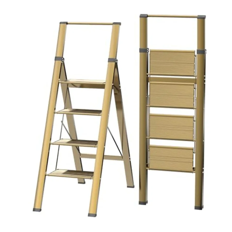 

【Spot goods】4 Step Ladder Gold Aluminum Folding Ladder Stool Wider Upgraded Non-Slip Treads Portable Lightweight Ladder for Hom