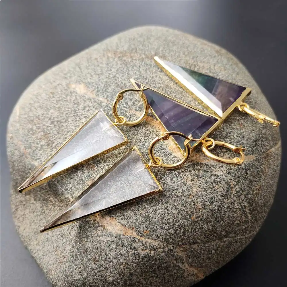 FUWO Whoelsale Gemstones Triangle Shaped Earrings,Golden Plated Handmade Fluorite/Crystal Point Ear Hoop Jewelry ER430M 5Pairs