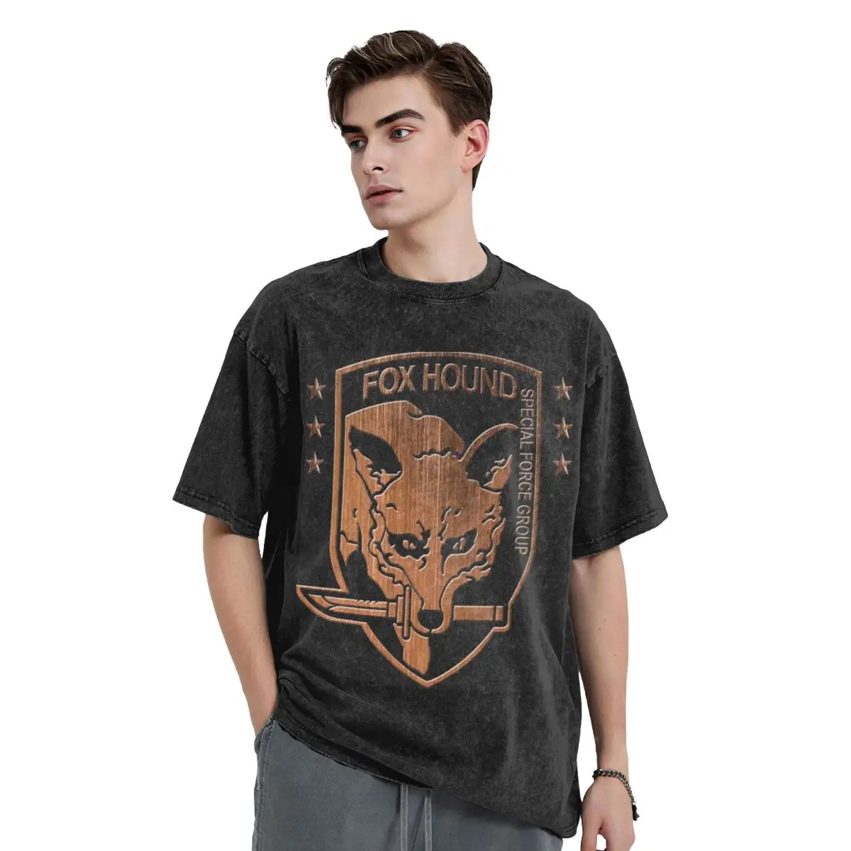 Foxhound Special Forces Group Metal Gear Solid Washed T Shirts Vintage Short Sleeve T-Shirt Streetwear Tops Tees for Men Women