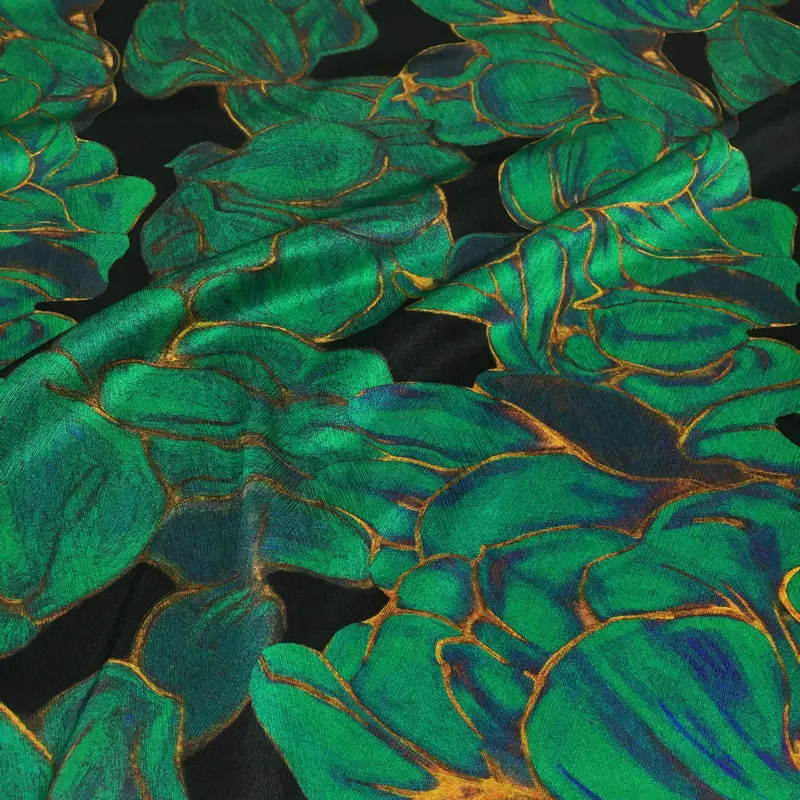 Herringbone Simulated Silk Satin Fabric Black Green Floral Print Polyester Shirt Dress for Sewing Designer Fabric Per Meter
