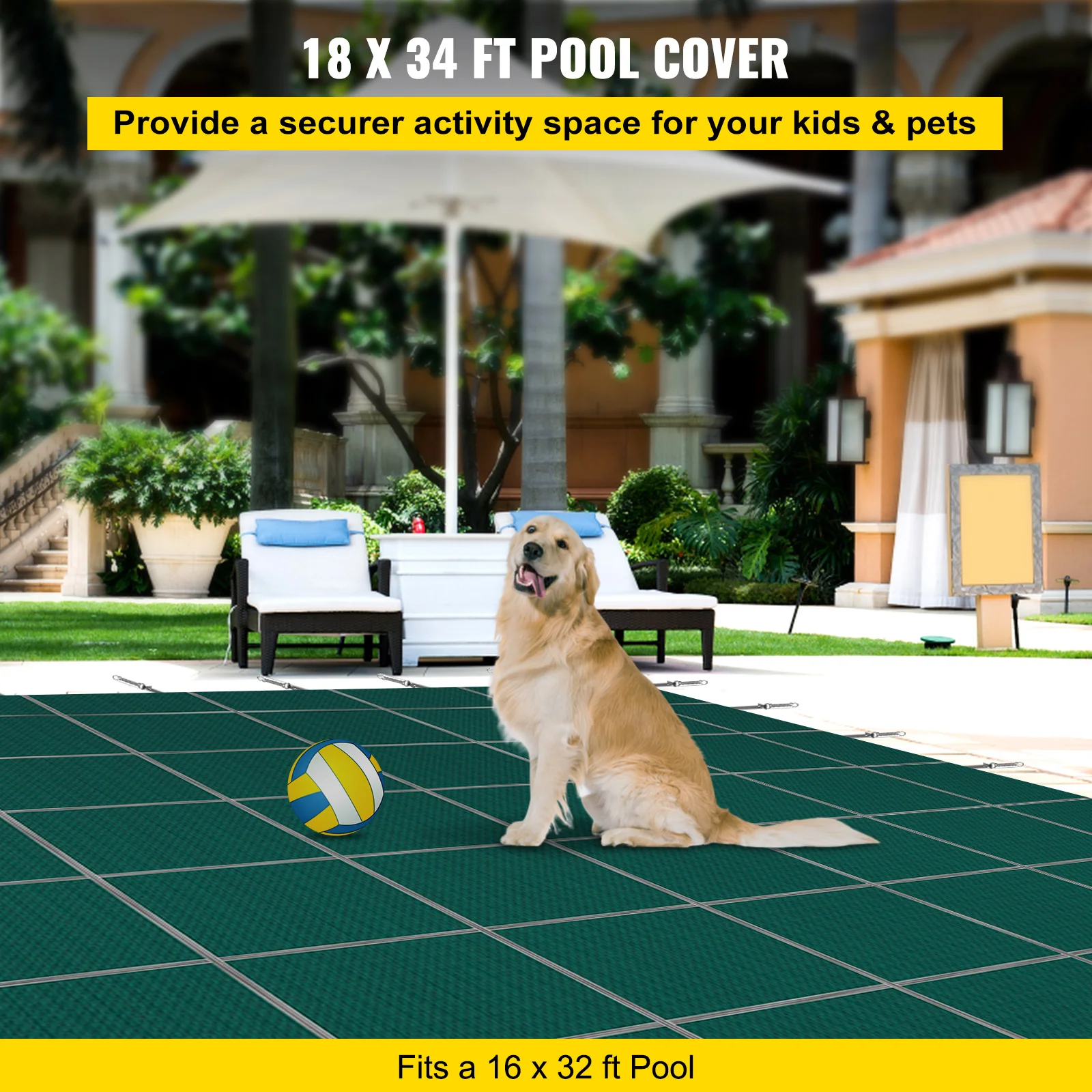 VEVOR Inground Pool Safety Cover 18x34ft Rectangular Winter Pool Cover with Left Step Mesh PP Material Good Rain Permeability