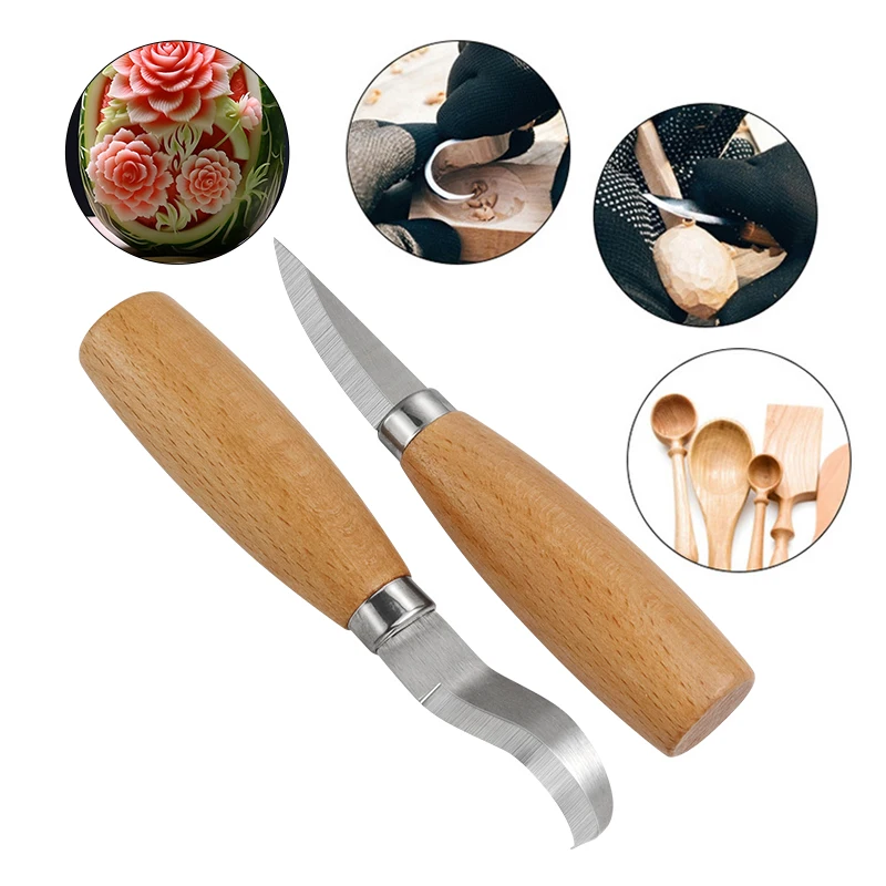 Stainless Iron Carving Knife Beech Wood Handle Curved Straight Knife Wood Cutting Knife Woodworking Carving Tool Set view 2