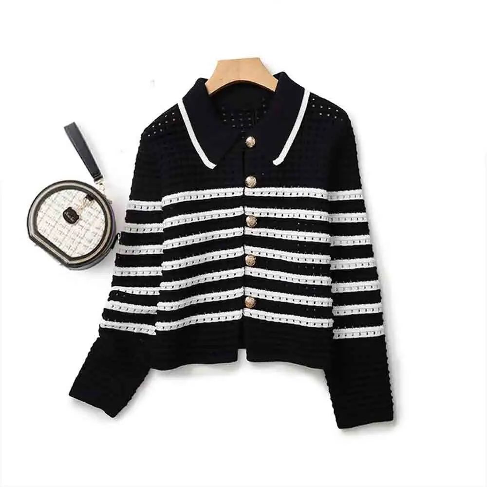 

Women 2023 New Fashion Hollowed out decoration stripe Knitted Cardigan Long Sleeve Button-up Female Outerwear Chic Tops 0574/767