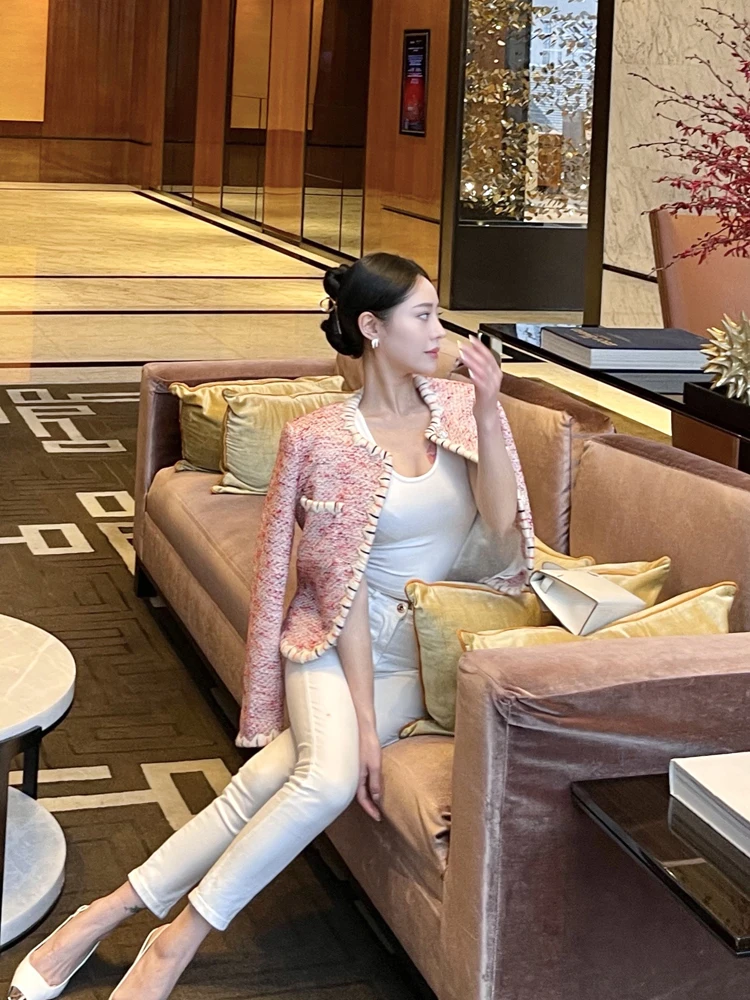 Spring New Women Slim Fit Spliced Tweed Jacket French Style Office Lady Work Outwear Coat O Neck Pockets Crystal Buttons Jacket