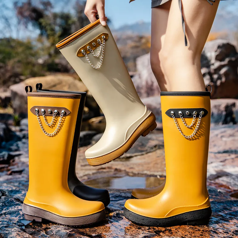 Extra High Tube Cow Tendon Sole Rain Shoes Woman's Long Tube Waterproof Shoes Outdoor Anti Slip Rubber Shoes Comfort Work Boots